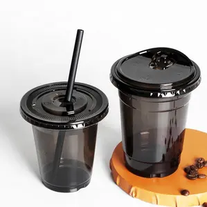 Zwarte Kleur Huisdier Plastic Koffiekopje Koude Drank Melk Thee Cup Custom Logo Directe Drank Deksel Met Zwarte Platte Deksel Koepel Deksel