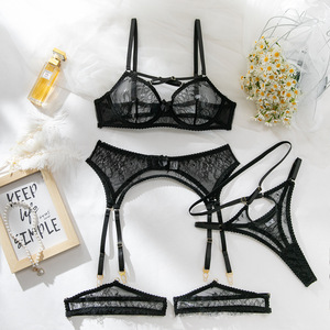 Ensemble de lingerie 5 pièces en dentelle florale pour femme, soutien-gorge à armatures, porte-jarretelles, jarretelles de cuisse, <span class=keywords><strong>tanga</strong></span>, sexy et transparent - Product Image 5