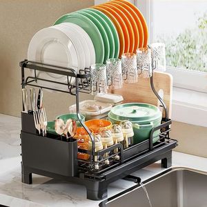 Égouttoir de cuisine extensible à 2 niveaux en acier pour comptoir, pour assiettes, tasses et vaisselle, avec rangement et drainage - Product Image 3