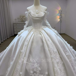 Lsjj151 Elegant Ivory Satin <b>Wedding</b> Draped Floral Applique Ball Gown Backless Chapel Floor-Length Sweetheart Neckline Bridal - Product Image 2