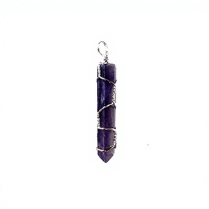Pendentif hexagonal fait main en améthyste enroulée de fil, tour de cristal argenté, imitation antique, collier - Product Image 1