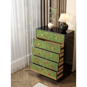 Cómoda de cinco cajones estilo vintage, verde floral, de madera maciza, para sala de estar o dormitorio - Product Image 3