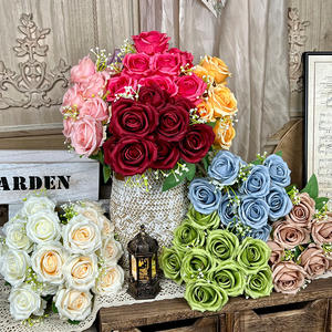 9 ראשי ורדים אדומים מלאכותיים, קישוט חתונה, שיח ורדים, פרחים מלאכותיים, ורד לזר כלה, יום האהבה - Product Image 3