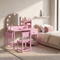 Coiffeuse moderne en bois pour enfants avec table, chaise, miroir lumineux et 2 tiroirs – Idéale pour la vente en gros