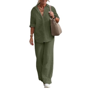 Ensembles pour femmes de <span class=keywords><strong>grande</strong></span> <span class=keywords><strong>taille</strong></span> style ou logo ODM personnalisé de la manufacture ensemble chemise décontractée chemisier <span class=keywords><strong>pantalon</strong></span> à jambes larges ensemble de pantalons deux pièces pour femmes pour le printemps - Product Image 5