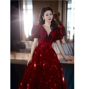<b>Red</b> <b>Sequined</b> V-Neck Bridal Gown Natural Waistline For Wedding Toasts Stage Performances And Coming Of Age Ceremony - Product Image 2