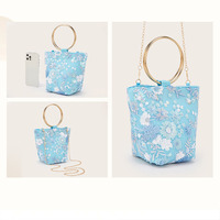 Tas Tangan Biru Langit Unik Desainer dengan Bordir Payet Bunga, Pegangan Cincin Bundar, Mewah, Elegan, Portabel, untuk Wanita