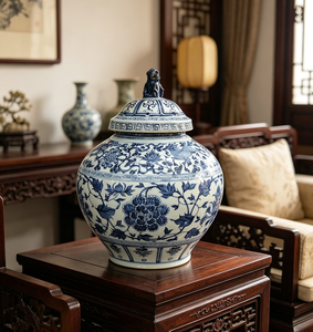 Pot en porcelaine bleu et blanc de style dynastie <span class=keywords><strong>Yuan</strong></span>, urne en céramique peinte à la main avec motif de phénix et de pivoine - Product Image 2