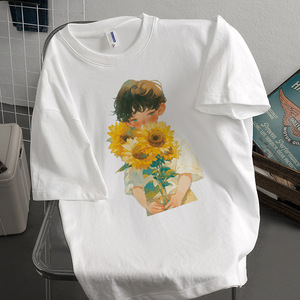 เสื้อครึ่งแขนทรงหลวมพิมพ์ลายการ์ตูนของผู้หญิง, เสื้อครึ่งแขนผ้าฝ้ายป้องกันการพันผ้าถัก-XL-ทันสมัยในสำนักงานฤดูร้อน/โอกาสสบายๆ - Product Image 4