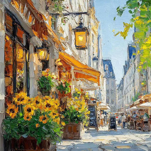 Arte callejero de París, lienzo de paisaje urbano europeo moderno, arte de pared pintado a mano, girasol, café, decoración francesa con pintura al óleo - Product Image 3
