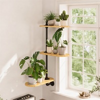 Support mural pour plantes à 3 niveaux, étagère rotative en bambou, support d'angle en métal noir pour pots de fleurs, présentoir d'intérieur