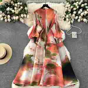 Vestido Midi Plisado Romano para Mujer, Estampado, con Encaje, Color Morado, Borgoña y Rojo - Product Image 3