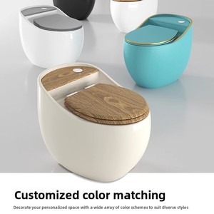WC monoblocco color crema dal design moderno a forma di uovo con scarico a sifone, in ceramica, per bagni di piccole dimensioni, uso domestico - Product Image 1