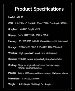 Woo King A14se 2026 Intel Core i5 i7 6200U 6500u <span class=keywords><strong>8</strong></span>+256 14.0 FHD 1920 1200 60Hz Plata - Product Image 6