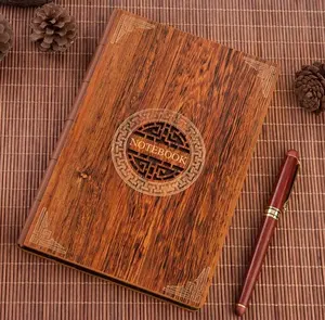 Custom Personalized Laser Engraving Logo Brown Leather Journal Wooden Cover Eco Friendly Bamboo Notebook Diary With Pen And Box