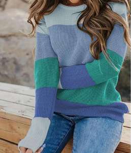 Suéter Casual Europeo y Americano para <span class=keywords><strong>Mujer</strong></span>, Otoño e Invierno, Nuevo, Cuello Redondo a <span class=keywords><strong>Rayas</strong></span>, Jersey de Punto de Manga Larga - Product Image 4