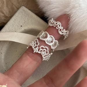 S925 Pure Silver Hollow Lace <b>Flower</b> Ring High-End Retro INS Style Layered Geometric Platinum Jewelry with <b>Sweet</b> Niche Design - Product Image 1