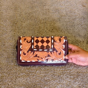 Leather Were Designer Luxury Hand Tooled Carving Cowhide <b>Wristlet</b> Clutch Wallet RFID Protection Large Capacity Button in bulk - Product Image 6