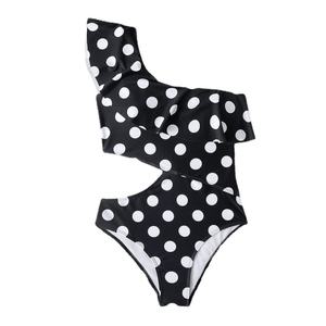 Traje de Baño Personalizado de Una Pieza para Mujer, Monokini con un Hombro Descubierto y Estampado de Puntos, Ropa de Playa Sexy con Volantes - Product Image 4