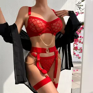 Red Fence Pattern Mesh See Through Push Up Rims Bra and Brief Set with Garter Belt Metal Gold Chain Decorative Bustier Corset