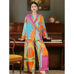 2022 Dames Luxe Zijde Satijn Sets Vrouwen 2 Stuk Lange Mouw Zijden Pyjama Sets Gedrukt Zijde Set