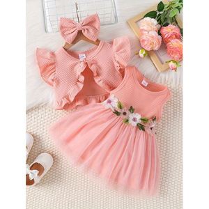 Ensembles de vêtements pour bébés filles gilets à mancherons robes en filet sans manches nœuds papillon ensemble de vêtements d'été 3 pièces pour tout-petits et nourrissons - Product Image 2
