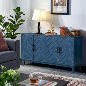 Buffet de salle à manger vintage Retroy à 4 portes, armoire de rangement bleu marine de 60 cm avec portes à panneaux en forme de M et base en bois massif - Product Image 2