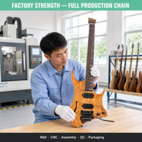 Guitare électrique sans tête à trous en F, en bois de burl, multi-échelle, avec trémolo, personnalisable (OEM/ODM), couleur et logo sur mesure, directement de l'usine
