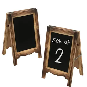 一套2个农家木桌面A-Frame黑板标志双面可擦黑板桌子菜单标志木黑板