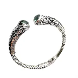 925 Sterling Silver Bangle Bracelet Custom Natural Emerald Ethnic Green Crystal Jewelry Women Cuff Bracelets Bangles