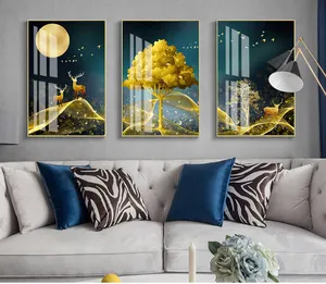 High Quality Landscape 3 Panel Painting Golden Tree Deer Crystal Porcelain Painting Art Sets Living Room Decor Acrylic Printing