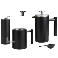 Coffret Cadeau Cafetière à piston en acier inoxydable HIGHWIN avec moulin à café manuel et kit de préparation de café en tasse