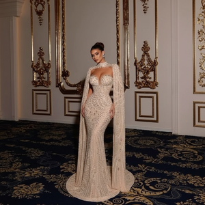 Robes de soirée musulmanes de luxe pour femmes, style sirène, à manches courtes, longueur ras du sol, perlées, respirantes, grande taille, couleur nude, style Dubaï - Product Image 2