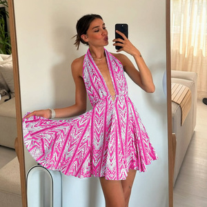 Pink Geometric Print Halter Neck Flared Sundress <b>Sleeveless</b> Woven Breathable High Waist Knee-Length Casual <b>Summer</b> <b>Dress</b> - Product Image 1