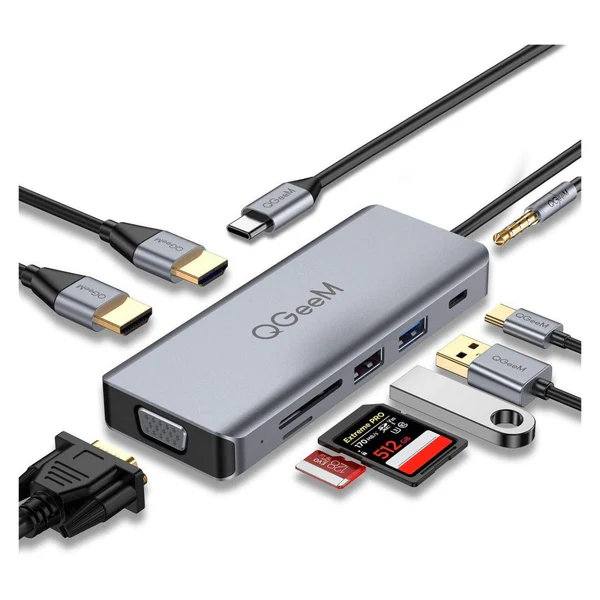 QGeeM 9-in-1 USB C Hub Docking Station 4K Multiport Adapter with 100W PD Charging 5Gbps Data Transfer Notebook Macbook Air Pro