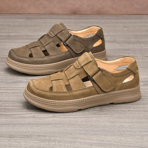 First Layer Cowhide Flat Sandals Open Toe Breathable Rubber Outsole Casual Summer Men's <b>Shoes</b> <b>Hook</b> Loop Closure Genuine Leather - Product Image 1
