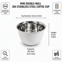 Tasse à café arabe en acier inoxydable à double paroi de 70 ml, vente en gros, mug Cawa Finjan pour restaurant, camping