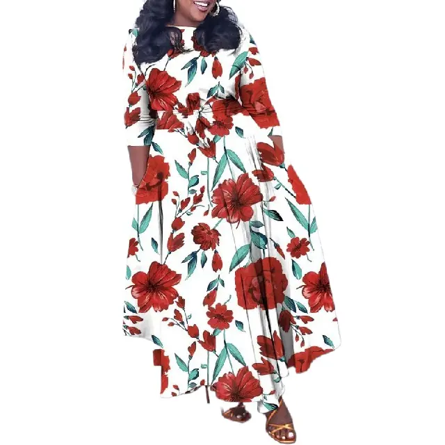 2024 वसंत/ग्रीष्मकालीन नई फैशन स्वभाव मुद्रित लेस-अप गोल गर्दन बड़ी स्विंग अफ्रीका प्लस-साइज ड्रेस