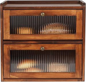 Organisateur de bureau en bois à double tiroir, vente en gros d'usine, avec logo personnalisé, en verre cannelé, meuble de rangement en bois, conteneur de table - Product Image 3