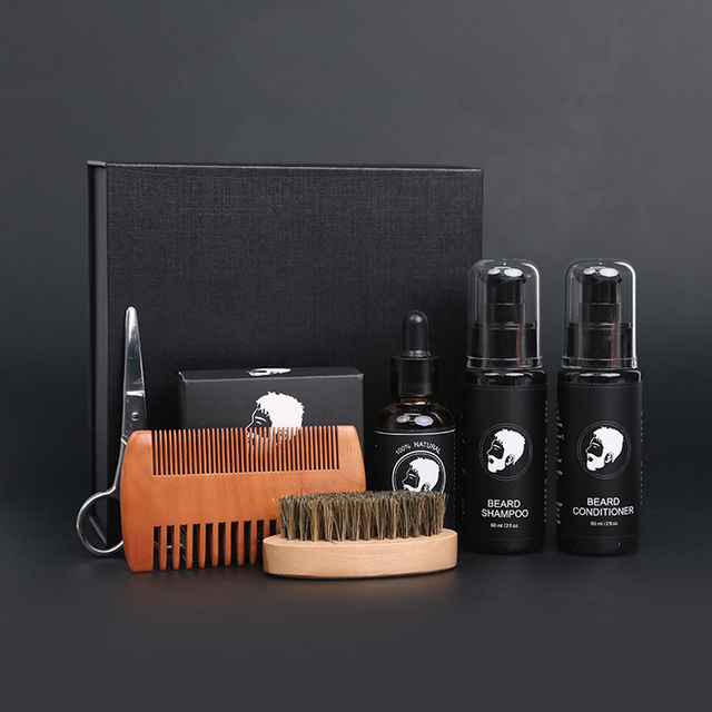Custom Logo Men Beard Grooming Kit Beard Oil Balm Conditioner Comb Brush for Healthy Facial Hair Beard Maintenance Solution