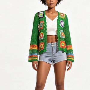 Cardigan de malha de crochê à mão para mulheres de inspiração étnica Vintage Lace-Up Jaqueta Boêmia de manga comprida Top Sehe Moda - Product Image 1