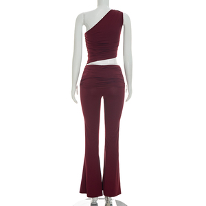 Viviblook D26ST215 Women Casual <b>Set</b> Metal Single Shoulder <b>Sexy</b> Sleeveless Asymmetrical Vest Top Flared Pants Two Piece <b>Set</b> - Product Image 4