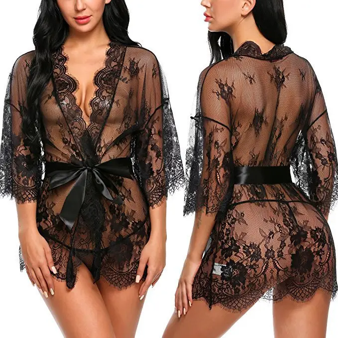 Großhandel Sexy Frauen Dessous Transparente Bestickte Blumen Nacht kleid Anzug Sexy Black Lace Pyjamas Sleeper