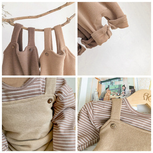 Mono de una pieza para bebé recién <span class=keywords><strong>nacido</strong></span> con tirantes, botones y rayas, de canalé marrón, para primavera, ropa de bebé, conjunto de regalo, pelele - Product Image 2