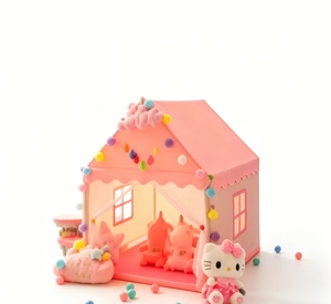 Tente de jeu pour enfants rose et bleue avec décorations pompons colorés en tissu pongé 118x103x130CM, maisonnette pliable pour la sieste et les jeux dans la <span class=keywords><strong>chambre</strong></span> - Product Image 1