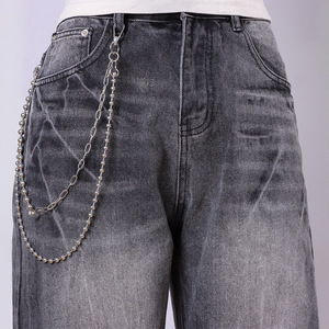 Chaîne de taille en métal style hip-hop occidental, double rangée de perles, accessoire argenté pour jeans, mode street dance, usage quotidien - Product Image 2