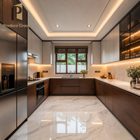 Meubles de cuisine sur mesure Foshan, finition laquée moderne, îlots brillants, évier en résine de marbre, pour projets de villas