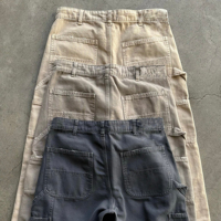 Custom pria 100% katun 490Gsm celana kanvas berat kaki lebar betis bordir kustom kancing tua celana tukang kayu celana Workwear