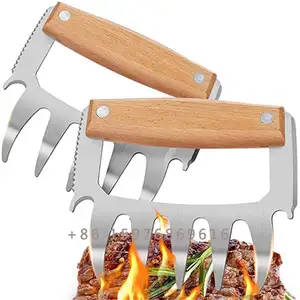 Vendita calda tritacarne artigli per Barbecue forchetta per carne affilata in acciaio inossidabile con manico in legno per pollo tacchino maiale manzo BBQ