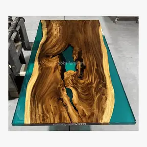 独特的天然一体式木质7英尺餐桌蓝色环氧树脂桌